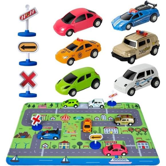 Car Toys with Play Mat, 6 Toy Cars, 3 Road Signs, 14